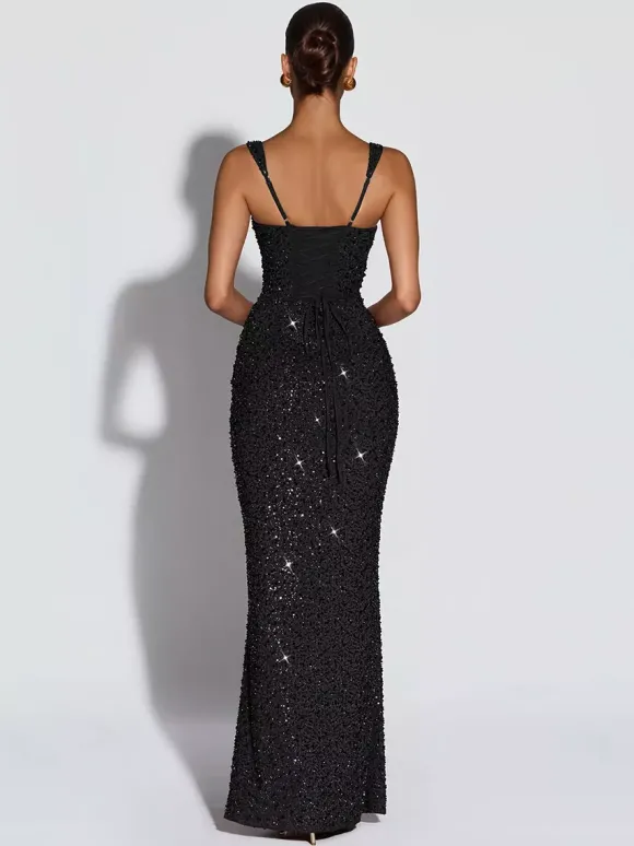 Robe de soirée longue à sequins scintillants pour femme - Col carré coupe ajustée dos lacé robe sirène moulante - Gala d'été 2026