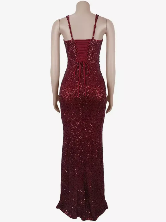 Robe de soirée longue à sequins scintillants pour femme - Col carré coupe ajustée dos lacé robe sirène moulante - Gala d'été 2026