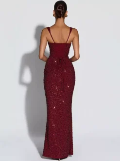 Robe de soirée longue à sequins scintillants pour femme - Col carré coupe ajustée dos lacé robe sirène moulante - Gala d'été 2026