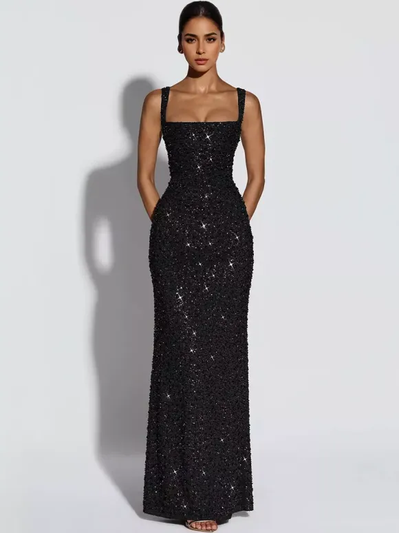 Robe de soirée longue à sequins scintillants pour femme - Col carré coupe ajustée dos lacé robe sirène moulante - Gala d'été 2026
