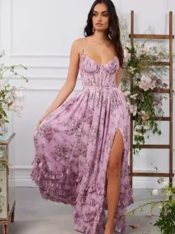 Robe de soirée longue à volants superposés et à bretelles fendues 2026