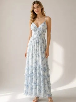Robe de soirée longue à volants superposés et à bretelles fendues 2026