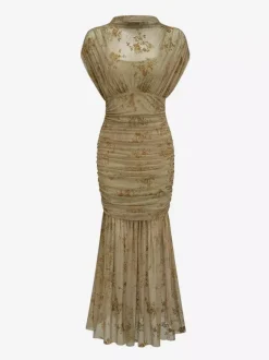 Robe de soirée longue abricot clair col montant plissée manches courtes imprimée