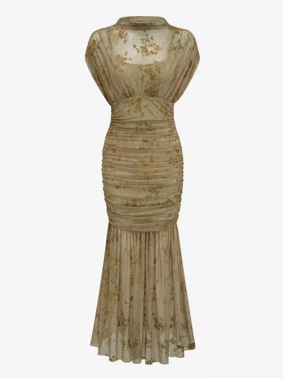 Robe de soirée longue abricot clair col montant plissée manches courtes imprimée
