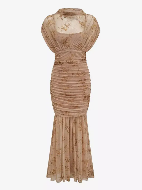 Robe de soirée longue abricot clair col montant plissée manches courtes imprimée
