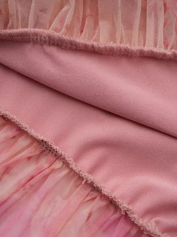 Robe de soirée longue abricot clair col montant plissée manches courtes imprimée