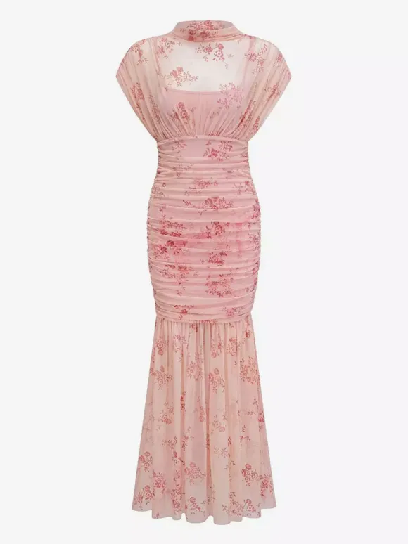 Robe de soirée longue abricot clair col montant plissée manches courtes imprimée