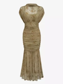 Robe de soirée longue abricot clair col montant plissée manches courtes imprimée