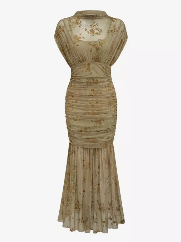 Robe de soirée longue abricot clair col montant plissée manches courtes imprimée