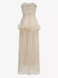 Robe de soirée longue abricot sans bretelles dos nu chic et semi-formelle