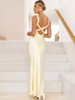 Robe de soirée longue bleu royal à bretelles col sans manches dos nu sexy et semi-formelle