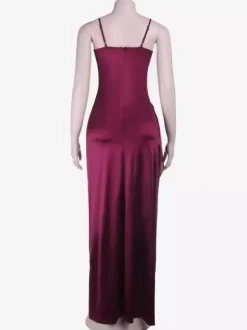 Robe de soirée longue bordeaux à bretelles spaghetti et décolleté en dentelle fente haute robe sexy semi-formelle