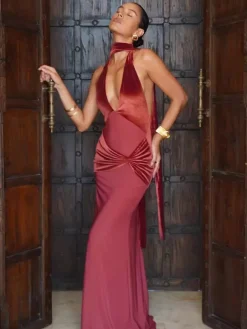 Robe de soirée longue bordeaux à col V sans manches sexy et semi-formelle