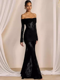 Robe de soirée longue bordeaux à épaules dénudées en dentelle manches longues style semi-formel sexy