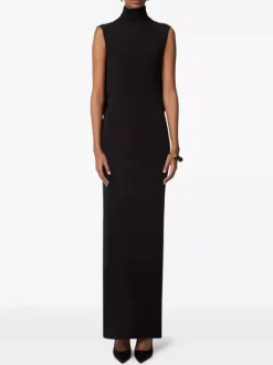 Robe de soirée longue bronze à col montant sans manches coupe moulante et sexy semi-formelle