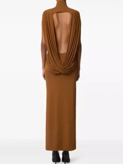 Robe de soirée longue bronze à col montant sans manches coupe moulante et sexy semi-formelle