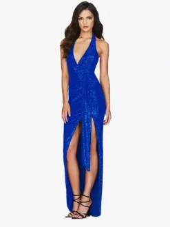 Robe de soirée longue champagne dos nu col V en dentelle fente haute sans manches robe sexy semi-formelle