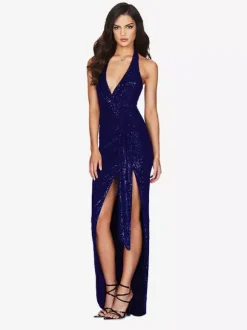 Robe de soirée longue champagne dos nu col V en dentelle fente haute sans manches robe sexy semi-formelle