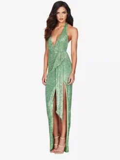 Robe de soirée longue champagne dos nu col V en dentelle fente haute sans manches robe sexy semi-formelle