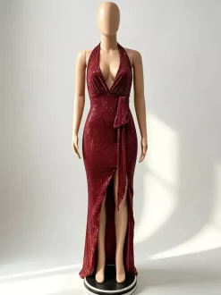Robe de soirée longue champagne dos nu col V en dentelle fente haute sans manches robe sexy semi-formelle