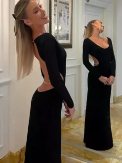 Robe de soirée longue dos nu à manches longues et col ras du cou pour femme 2026