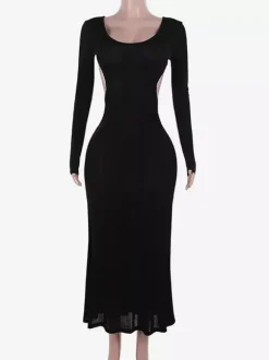 Robe de soirée longue dos nu à manches longues et col ras du cou pour femme 2026