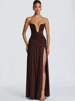 Robe de soirée longue marron café dos nu fermeture éclair sans manches élégante et semi-formelle