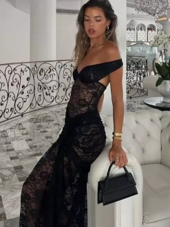 Robe de soirée longue marron café en dentelle épaules dénudées style semi-formel sexy