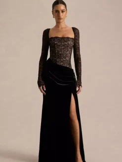 Robe de soirée longue noire à col carré et manches longues bicolore sexy et semi-formelle