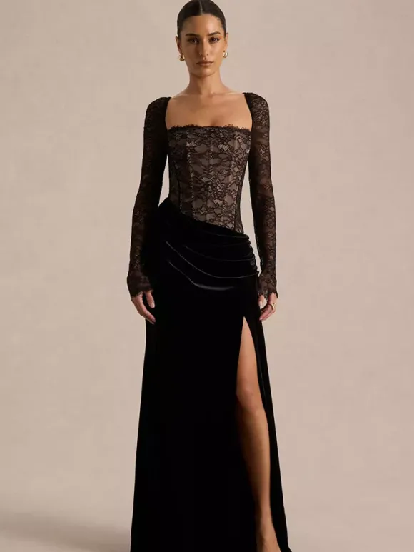 Robe de soirée longue noire à col carré et manches longues bicolore sexy et semi-formelle