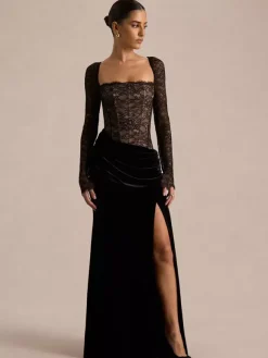 Robe de soirée longue noire à col carré et manches longues bicolore sexy et semi-formelle