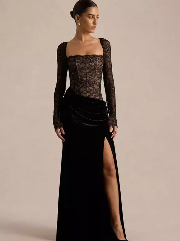 Robe de soirée longue noire à col carré et manches longues bicolore sexy et semi-formelle
