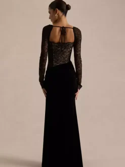 Robe de soirée longue noire à col carré et manches longues bicolore sexy et semi-formelle