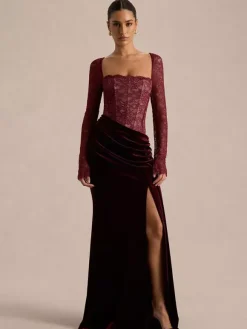 Robe de soirée longue noire à col carré et manches longues bicolore sexy et semi-formelle