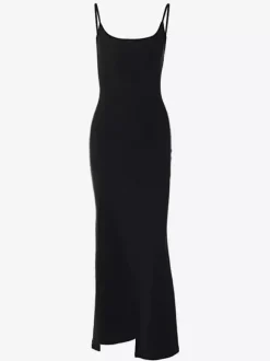 Robe de soirée longue noire à bretelles col en dentelle dos nu élégante et semi-formelle