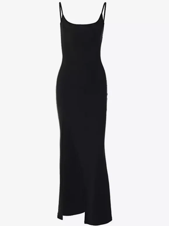 Robe de soirée longue noire à bretelles col en dentelle dos nu élégante et semi-formelle