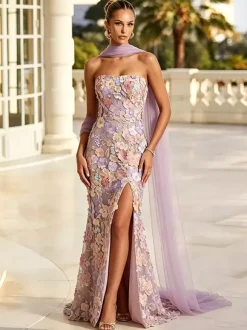 Robe de soirée longue trapèze brodée de fleurs