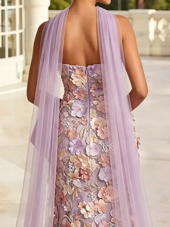Robe de soirée longue trapèze brodée de fleurs