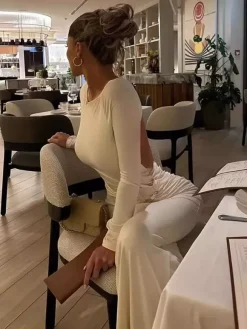 Robe de soirée maxi blanche à col rond et manches longues style semi-formel sexy