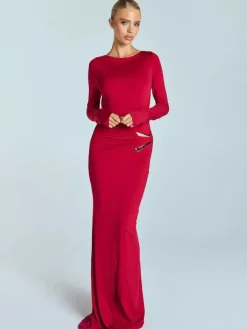 Robe de soirée maxi blanche à col rond et manches longues style semi-formel sexy