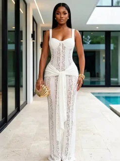 Robe de soirée maxi blanche à col en dentelle et fines bretelles corset robe sirène moulante