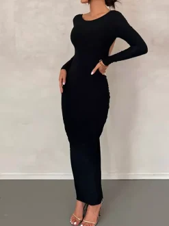 Robe de soirée maxi bordeaux à manches longues style semi-formel sexy