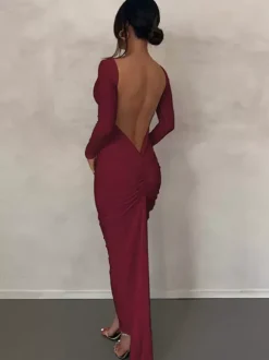 Robe de soirée maxi bordeaux à manches longues style semi-formel sexy
