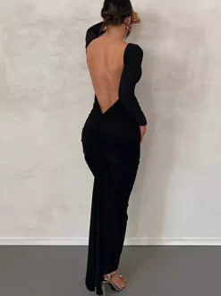 Robe de soirée maxi bordeaux à manches longues style semi-formel sexy
