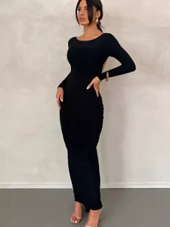 Robe de soirée maxi bordeaux à manches longues style semi-formel sexy