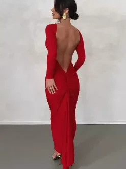 Robe de soirée maxi bordeaux à manches longues style semi-formel sexy