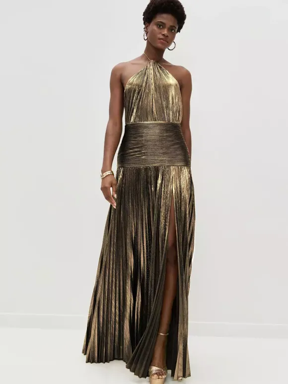 Robe de soirée maxi dorée sans manches et dos nu élégante et semi-formelle
