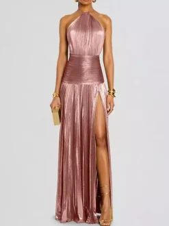 Robe de soirée maxi dorée sans manches et dos nu élégante et semi-formelle