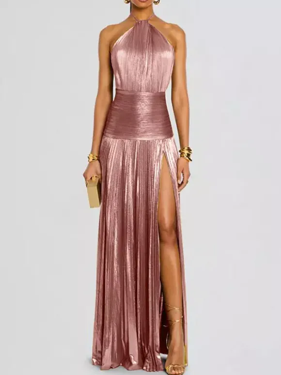 Robe de soirée maxi dorée sans manches et dos nu élégante et semi-formelle