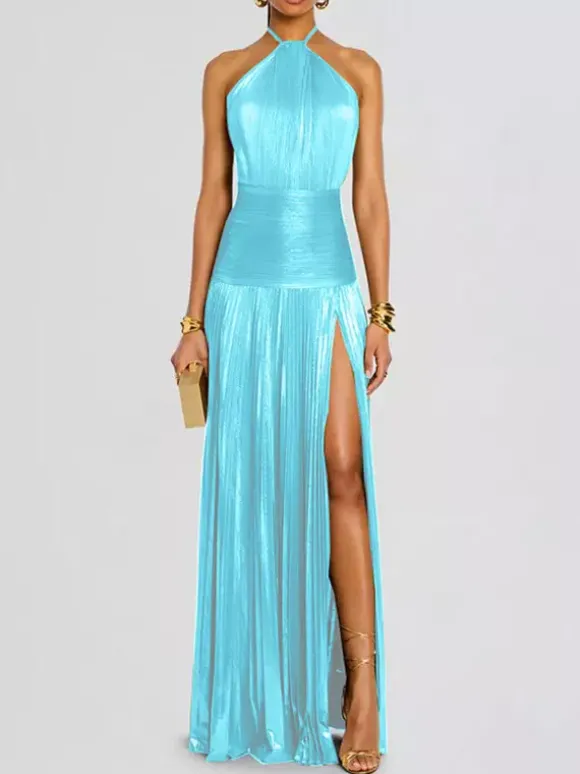 Robe de soirée maxi dorée sans manches et dos nu élégante et semi-formelle